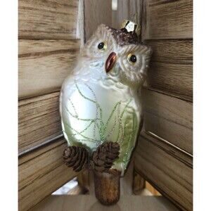Vintage Hand Blown Glass Owl Pine Cone  Christmas  Ornament, Brown/tan   5.5"
